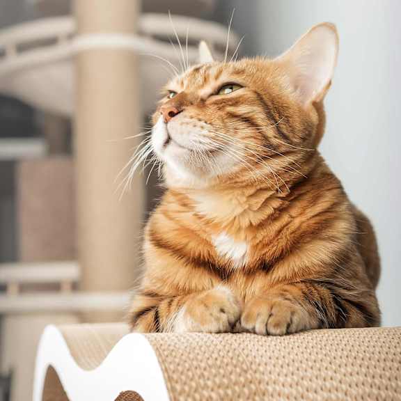 A ginger and white colored cat is sitting on a scratch enrichment toy, next to a cat tree.