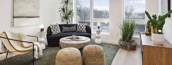 a living room with a couch and a coffee table