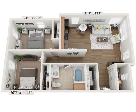 2 Bedroom 1 Bath 3D Floorplan 2B Style-Phase 2, Beecher Terrace I Senior,  Louisville, KY