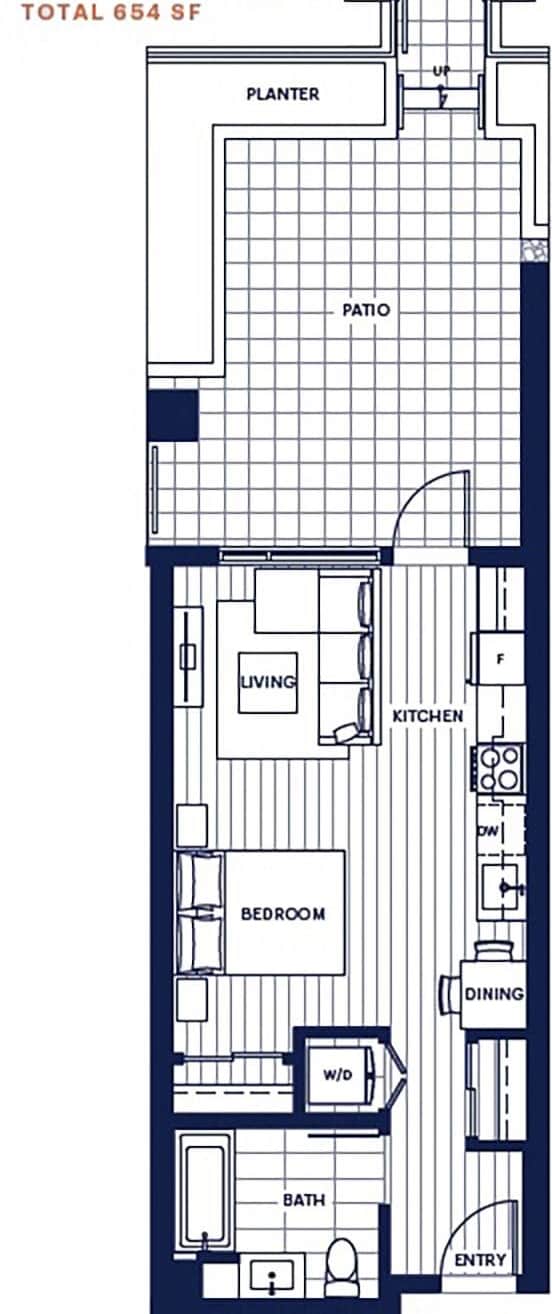Garden Home Studio Floor Plan 654 sf