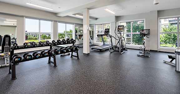 A gym with a variety of equipment including treadmills, weights, and exercise bikes.