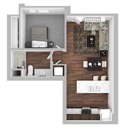 A floor plan of a room with a bed, a couch, a table, and a TV.