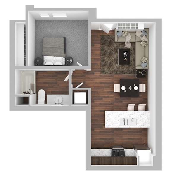 A floor plan of a room with a bed, a couch, a table, and a TV.