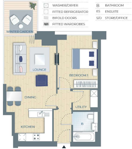 Floor Plan  A floor plan of a house with a winter garden, lounge, dining area, kitchen, two bedrooms, bathroom, utility, and store/office.