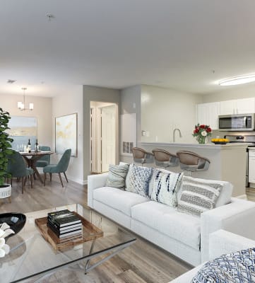 Living Room With Kitchen View at Westerly at Worldgate, Herndon