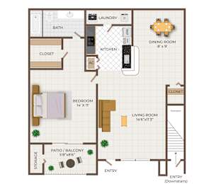 A floor plan of an apartment with one bedroom and one bathroom.