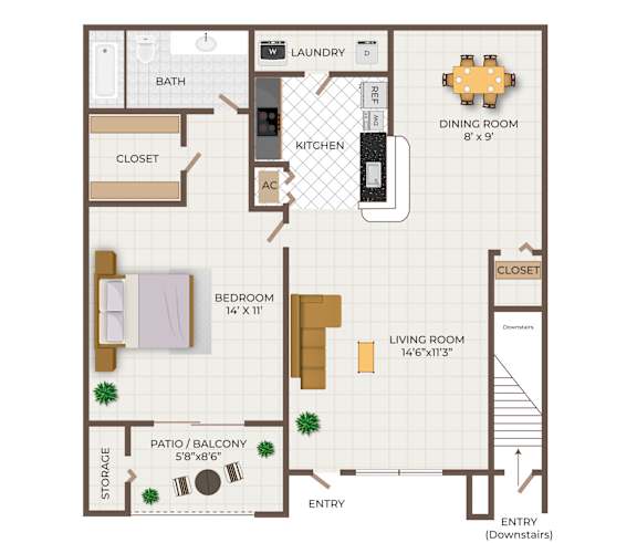 A floor plan of an apartment with one bedroom and one bathroom.