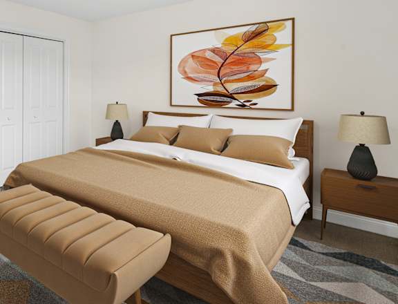 a bedroom with a bed and a ceiling fan