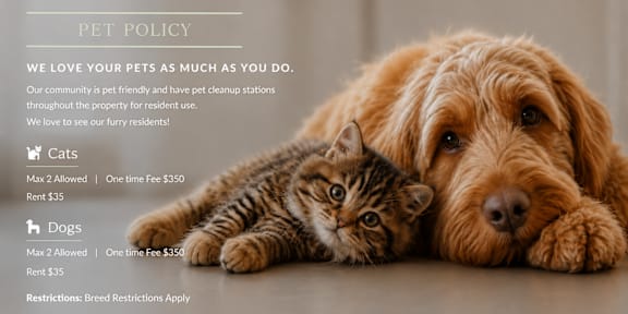 A pet policy image featuring a cat and a dog.