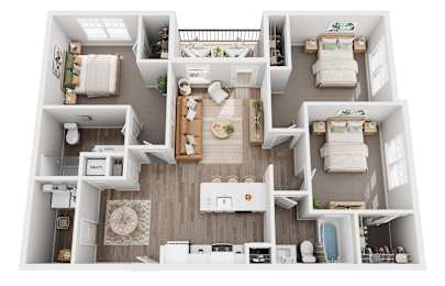 Porter apartment layout with three bedrooms and two bathrooms in West Knoxville, TN