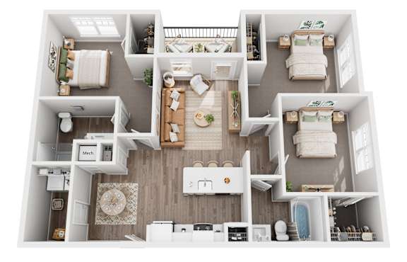 Porter apartment layout with three bedrooms and two bathrooms in West Knoxville, TN