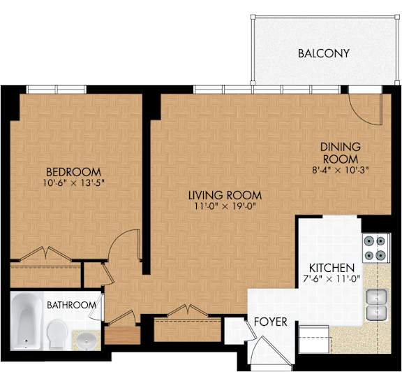A floor plan of a 1 bedroom 1 bathroom apartment sized at 618 sq.ft.