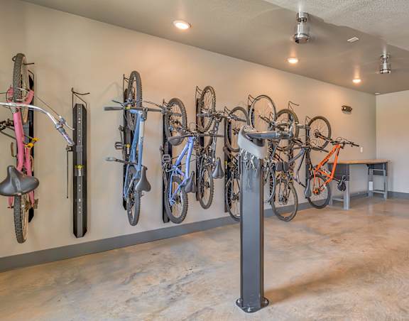 A room with a wall of bicycles and a bench.