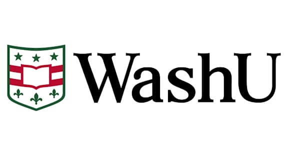 A logo with a shield and a book on it and the letters WashU.