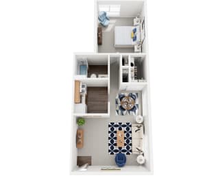 a stylized floor plan of a 1 bedroom apartment