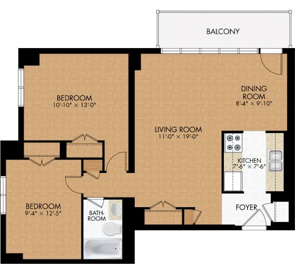 A floor plan of a 2 bedroom, 1 bathroom apartment totaling 754 square feet.