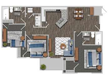 A floor plan of a house with a kitchen, living room, dining room, and two bedrooms.