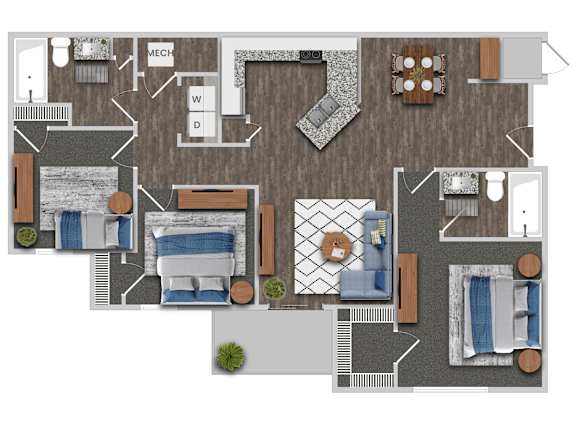 A floor plan of a house with a kitchen, living room, dining room, and two bedrooms.