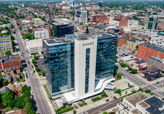 an aerial view of the building in the city
