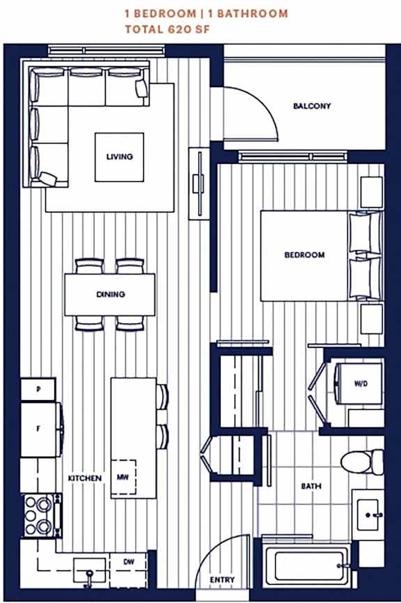 Penthouse 1 bed 1 bath 620sf