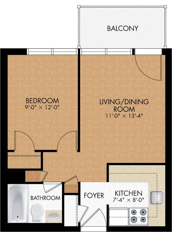 A floor plan of a one bedroom apartment with a living/dining room, kitchen, bathroom, and balcony.