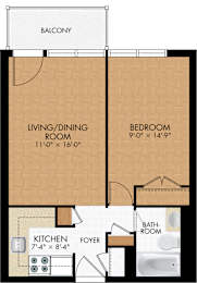 A floor plan of a one bedroom apartment with a living/dining room, kitchen, bathroom, and balcony.