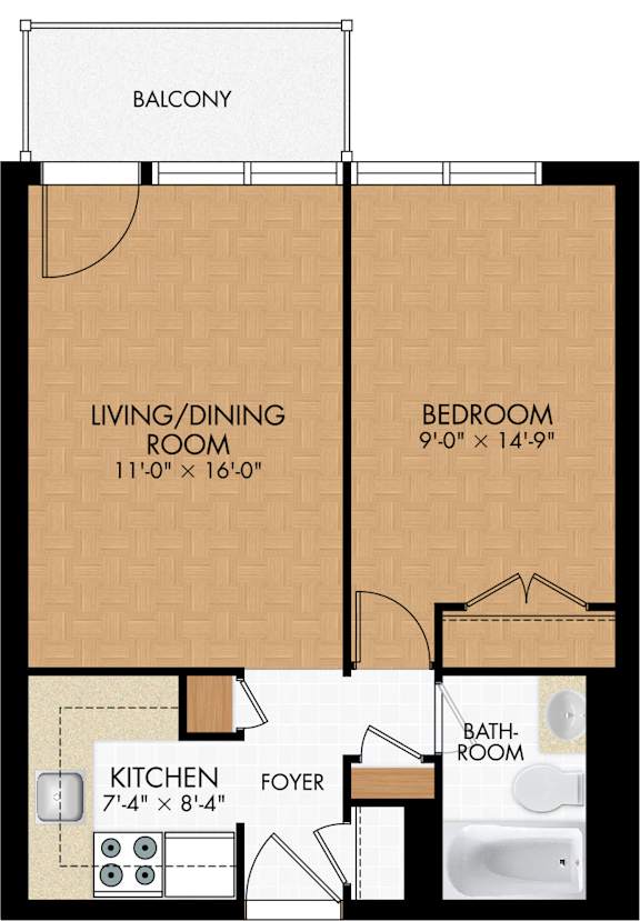 A floor plan of a one bedroom apartment with a living/dining room, kitchen, bathroom, and balcony.