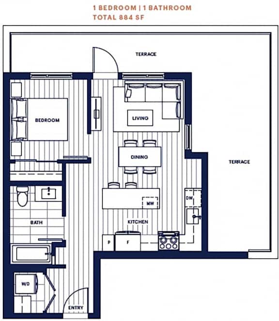 Penthouse 1 bed 1 bath 884sf