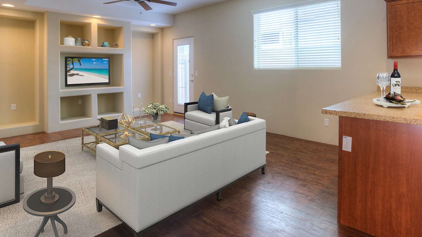 Furnished example: living area at Monterosa Villas.