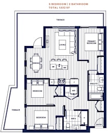 Penthouse 3 bed 2 bath 1332sf