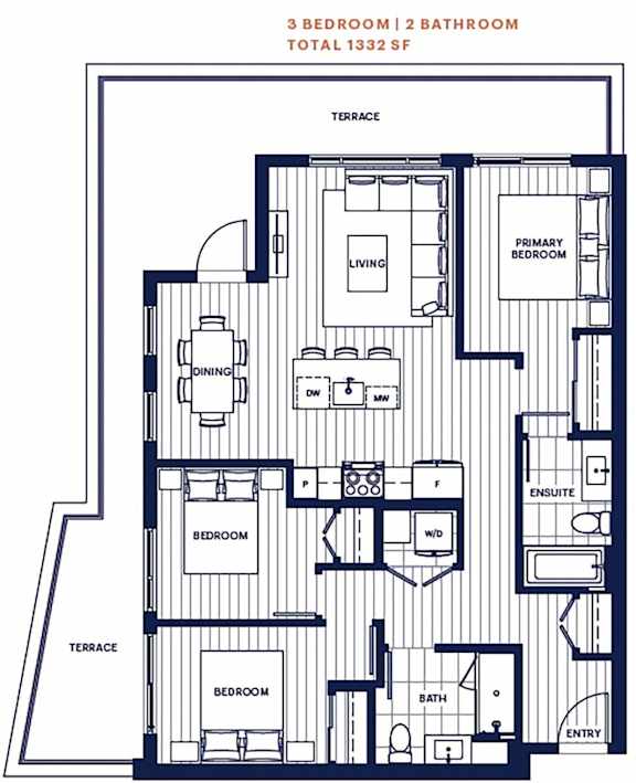 Penthouse 3 bed 2 bath 1332sf