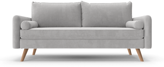 A grey couch with wooden legs and a grey cushion.