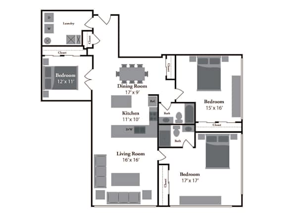 A floor plan for a 3 bedroom, 2 bathroom apartment at Renaissance Power Building.