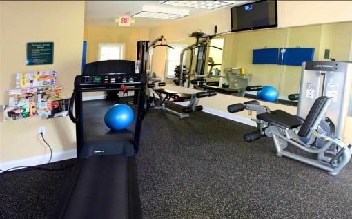 a home gym with a treadmill and weights at Chester Village Green Apartments, Chester, 23831
