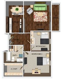 916 SF Two-Bed One-Bath Floor Plan at Pacific West Apartments in Omaha, NE