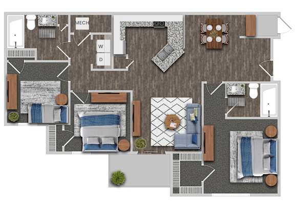 A floor plan of a house with a kitchen, living room, dining room, and two bedrooms.
