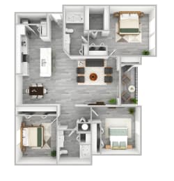 3 bedroom 2 bath The Preserve at Westchase C1 Renovated 3D Floor Plan at The Preserve at Westchase, Tampa, FL 33626