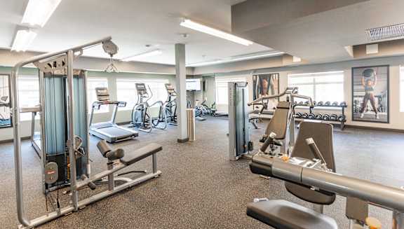 A gym with a variety of equipment including treadmills, weights, and exercise machines.
