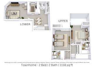 3D floor plan of a 2-bed, 2-bath townhome with furniture layout and room flow. 1,118 sq. ft.