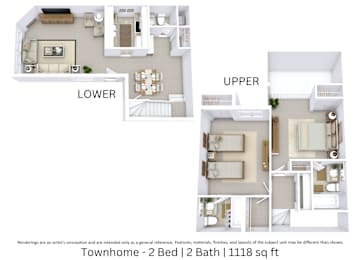 This is a 3D-floor plan providing a detailed, angled view of the space with room layouts, furniture placement, and spatial flow. Features 2 bedrooms and 2 bathrooms.