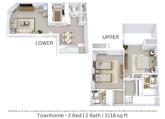This is a 3D-floor plan providing a detailed, angled view of the space with room layouts, furniture placement, and spatial flow. Features 2 bedrooms and 2 bathrooms.