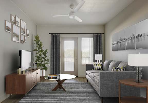 a living room with a couch and a table