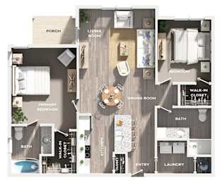 A floor plan of a house with a porch, living room, dining room, kitchen, and multiple bathrooms.