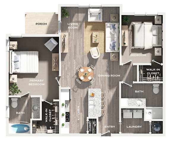 A floor plan of a house with a porch, living room, dining room, kitchen, and multiple bathrooms.