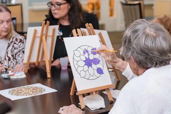 a group of people sitting around a table painting with easels