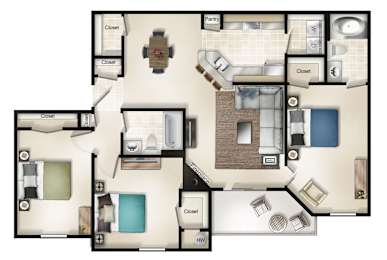 Newbury (3 Bed / 2 Bath Balcony or Patio) Floor Plan at Brittany Commons Apartments, Virginia, 22553