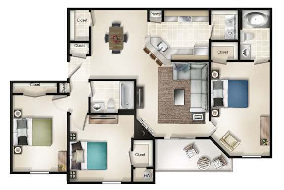 Newbury (3 Bed / 2 Bath Balcony or Patio) Floor Plan at Brittany Commons Apartments, Virginia, 22553