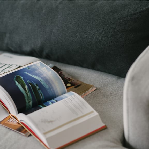 A book with a blue cover is lying on a grey couch.