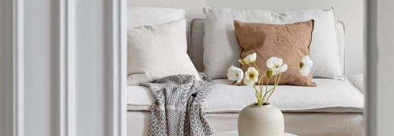 A view through a doorway into a living room with a couch and a coffee table.