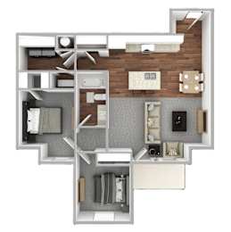 A 3D floor plan of a house layout.
